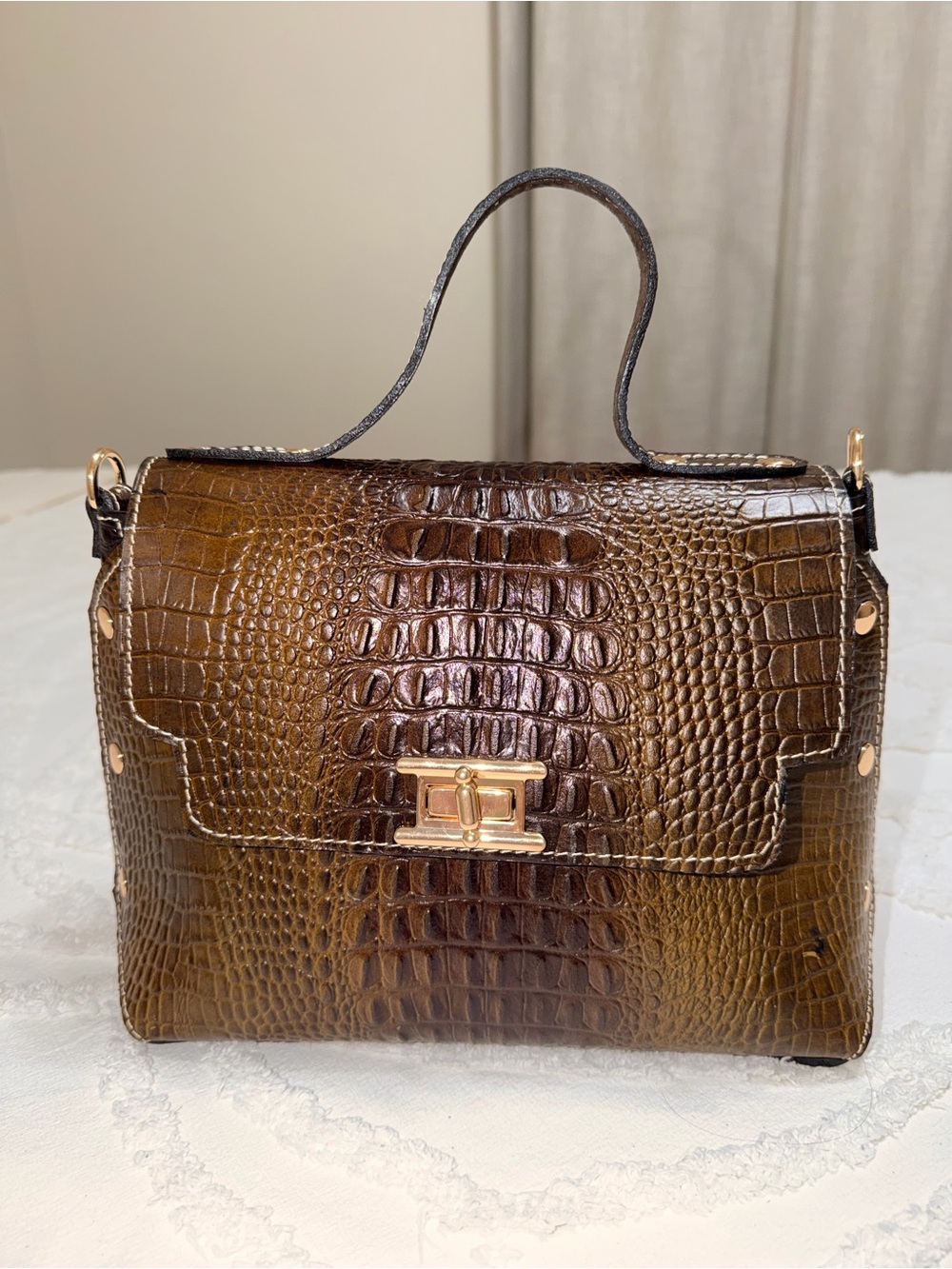 Brown Croc-Embossed Top Handle Bag with Gold Hardware